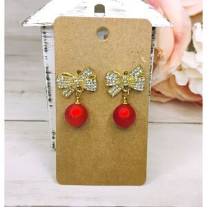 New Christmas/Holiday Red Ball Earrings w/Rhinestone Bows Gold Tone Xmas Jewelry
